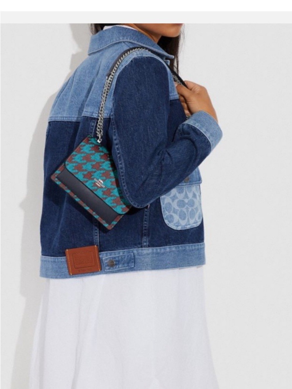 COACH MINI Klare Teal and Burgundy Houndstooth Crossbody with Black Trim - Picture 5 of 8